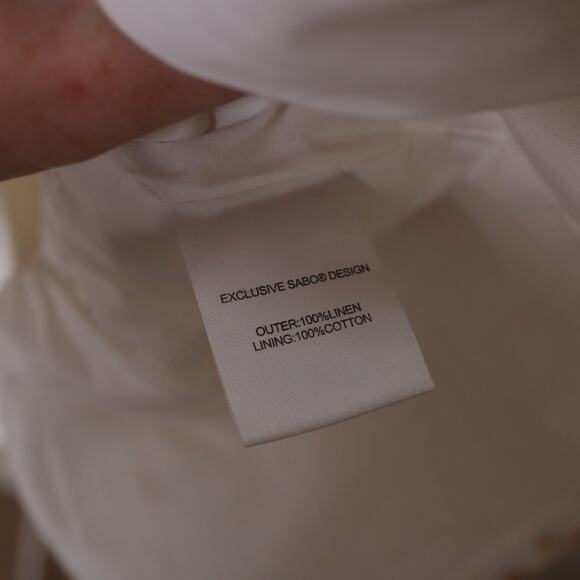 SABO LUXE Camari Linen Dress Smocked Patterned Ruffle Hem White Beige Women's L - Picture 12 of 13